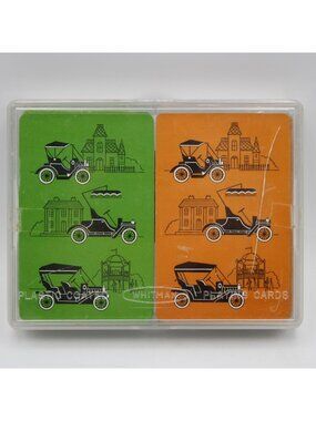 Whitman Plastic Coated Playing Cards Antique Car Automobiles Orange Green Set